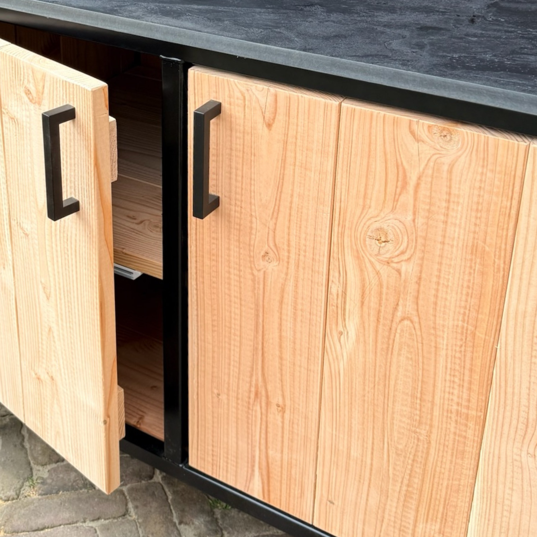 Buitenkeuken Douglas en staal met opbergkast en Zwart HPL werkblad - Lengte 180 cm - Afbeelding 3